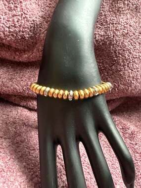 Vintage Avon Two Tone Gold and Silver Metal Disk Bead Bracelet with Rhinestone A